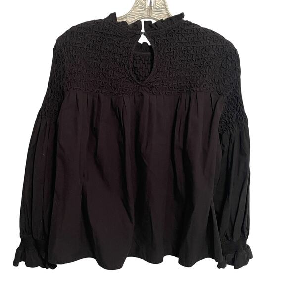 Maeve for Anthropologie Modern Peasant Top Womens Size 6 Black Smocked Cotton - Picture 4 of 8
